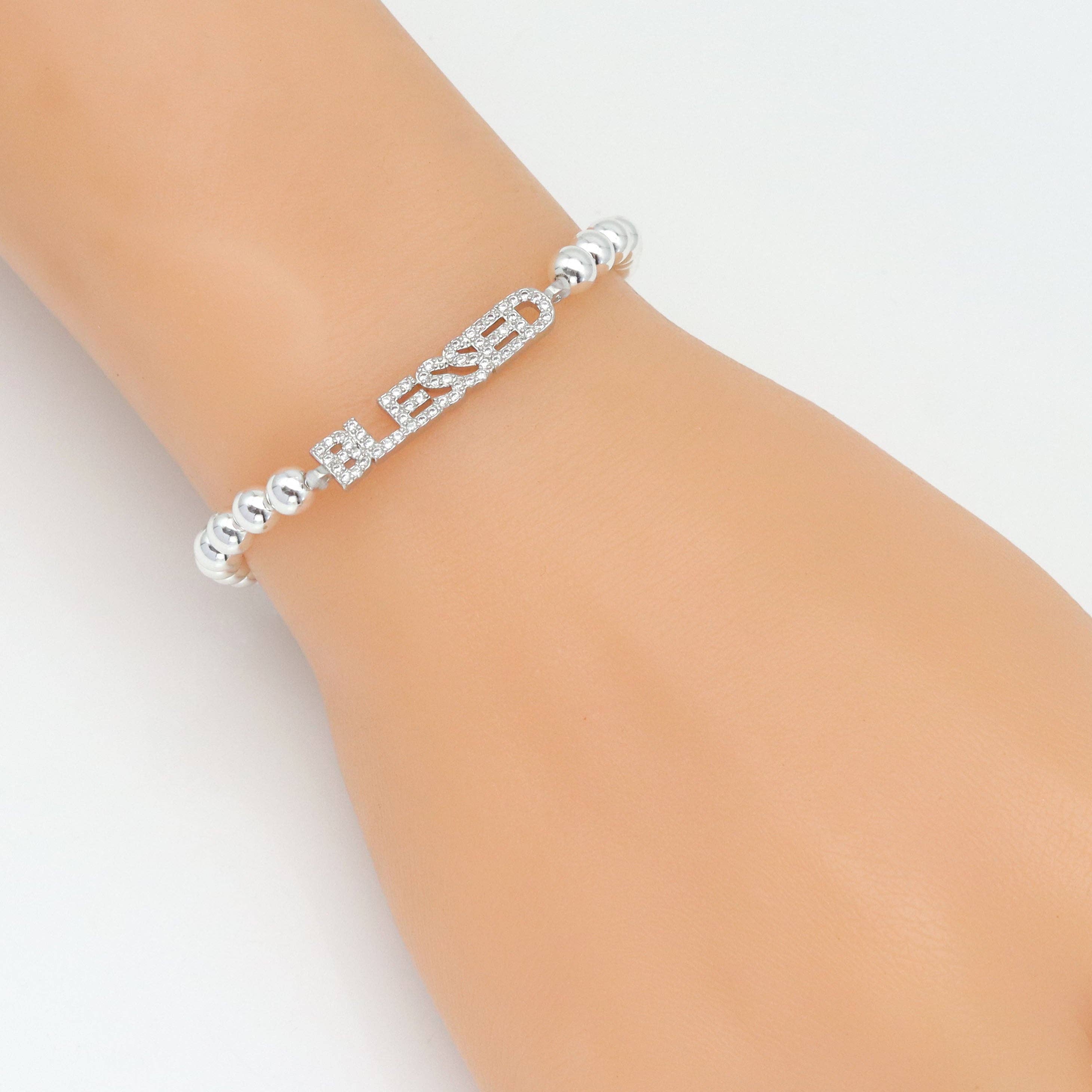 CZ Silver Kindness Believe Blessed Faith Happy Connector Charm Beads, Sku#LX711