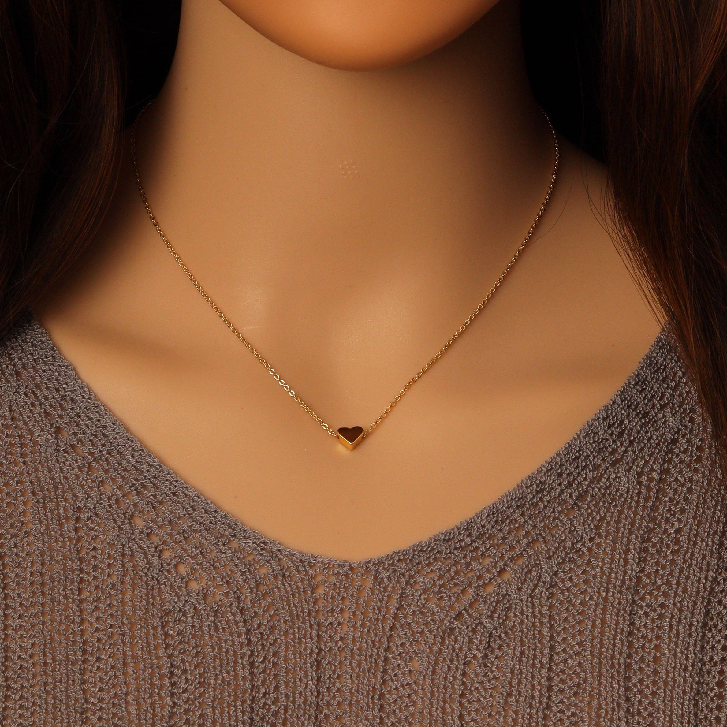 Adjustable Gold Link Chain Dainty Heart Pendant Necklace, Sku#EF499