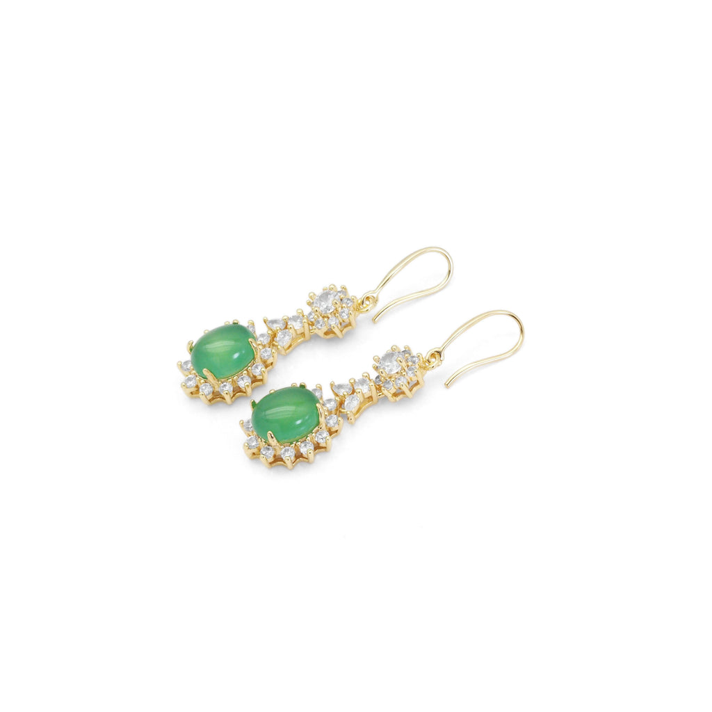 Clear CZ Gold Green Oval Jade Earrings, Sku#LX349