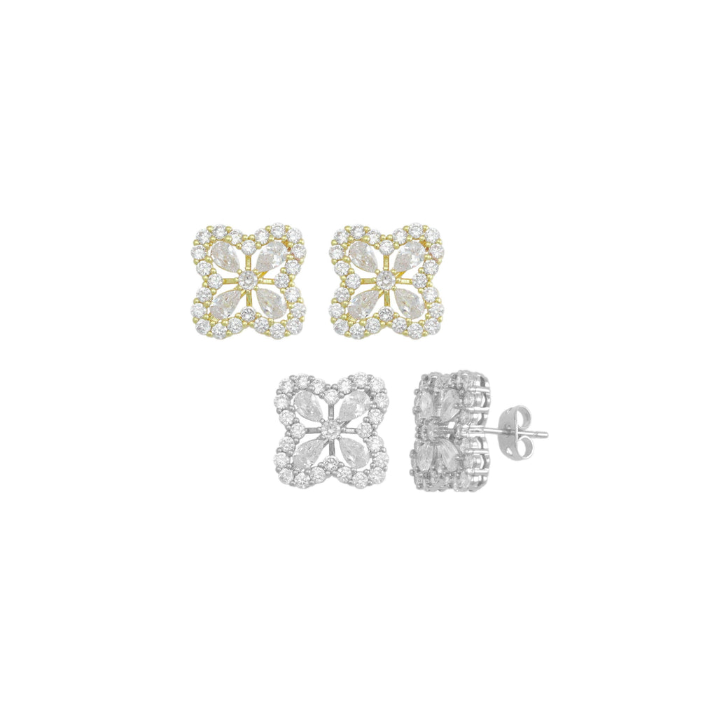 Clear CZ Gold Silver Clover Flower Shape Stud Earrings, Sku#LX824/LX714