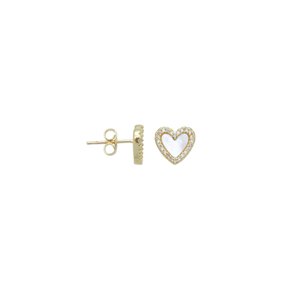 Clear CZ White Mother of Pearl Heart Stud Earrings, Sku#LX661