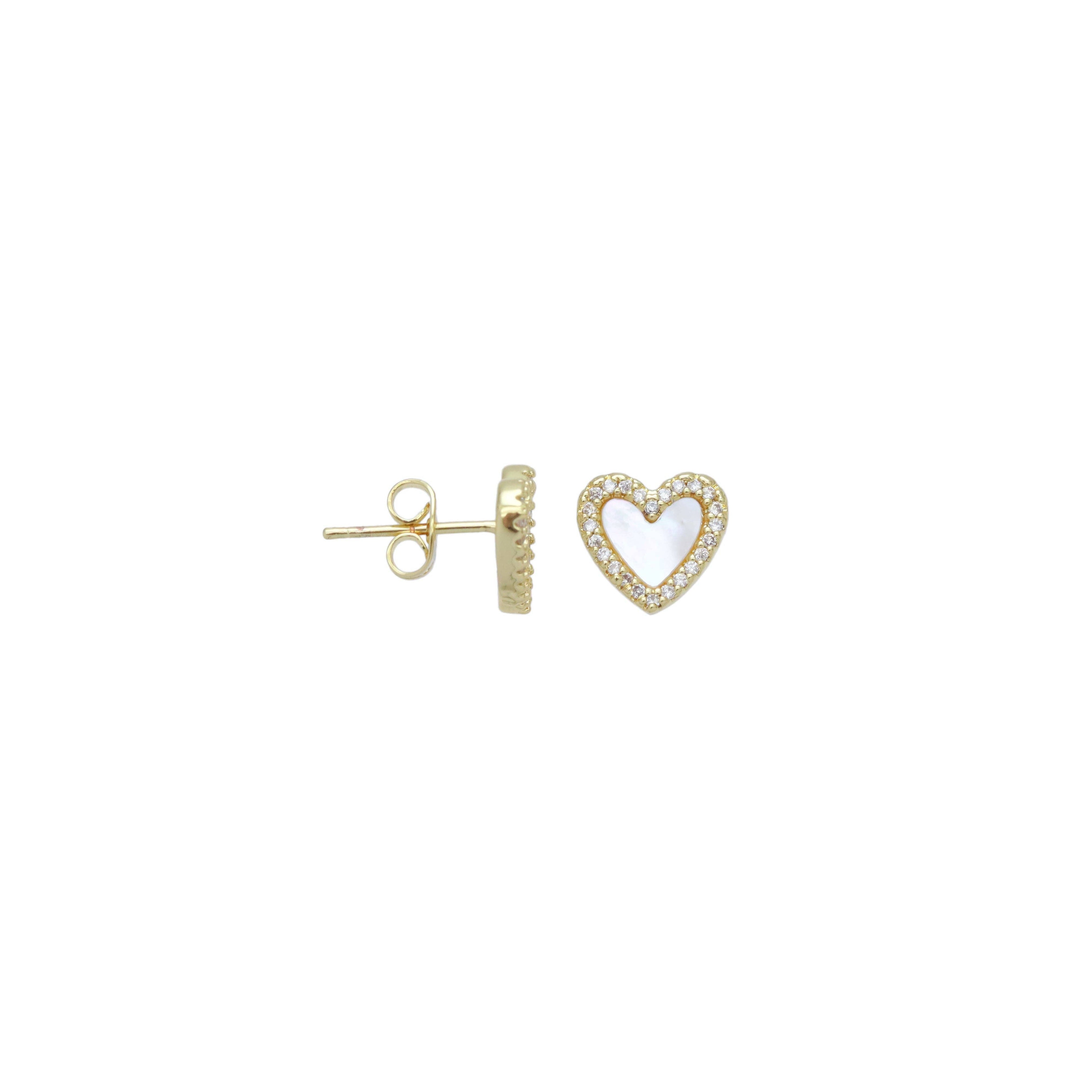 Clear CZ White Mother of Pearl Heart Stud Earrings, Sku#LX661