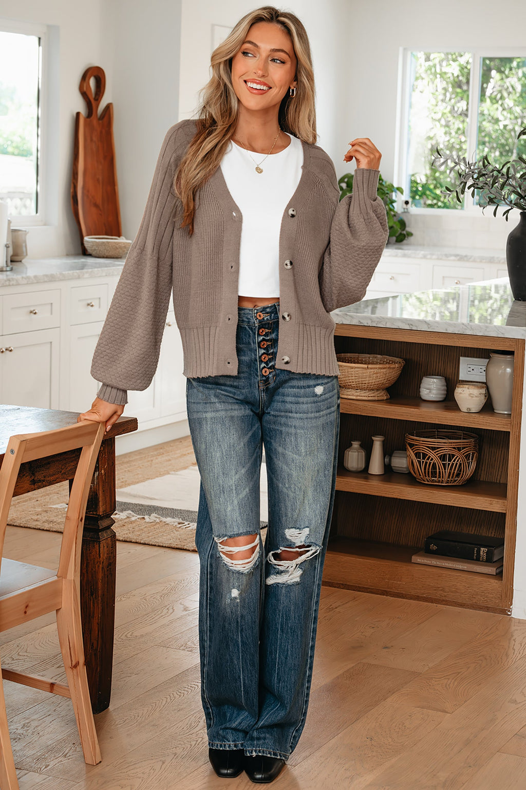 Briana Mixed Texture Knit Sweater-Threaded Pear