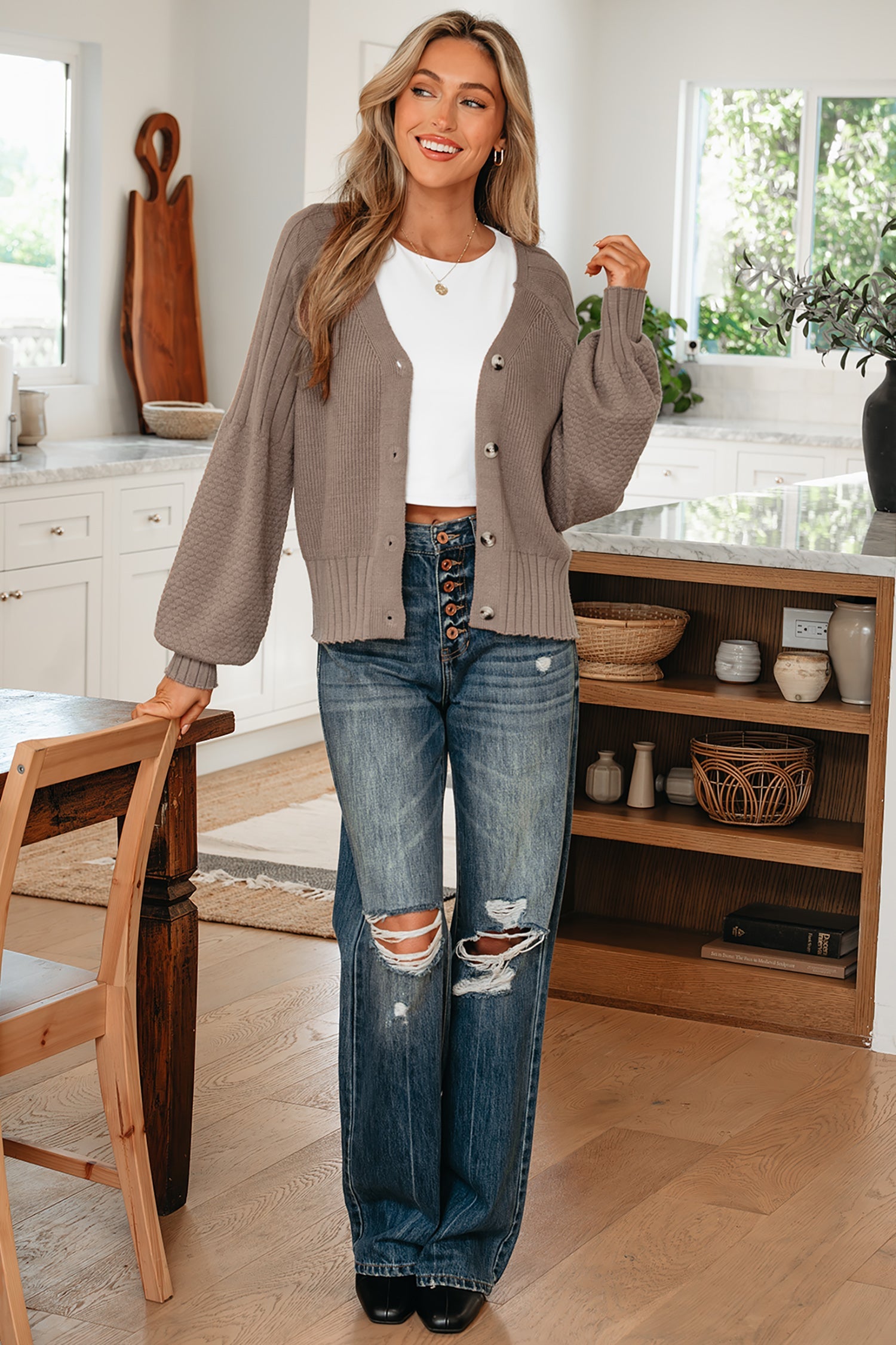 Briana Mixed Texture Knit Sweater-Threaded Pear