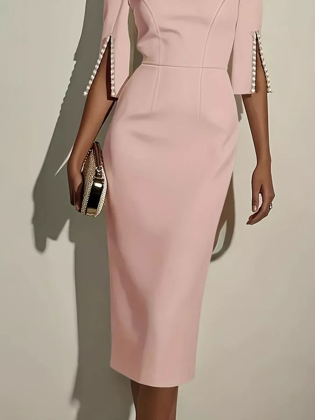 Slim-Fit Elegant Midi Dress with Beaded Slit Sleeve