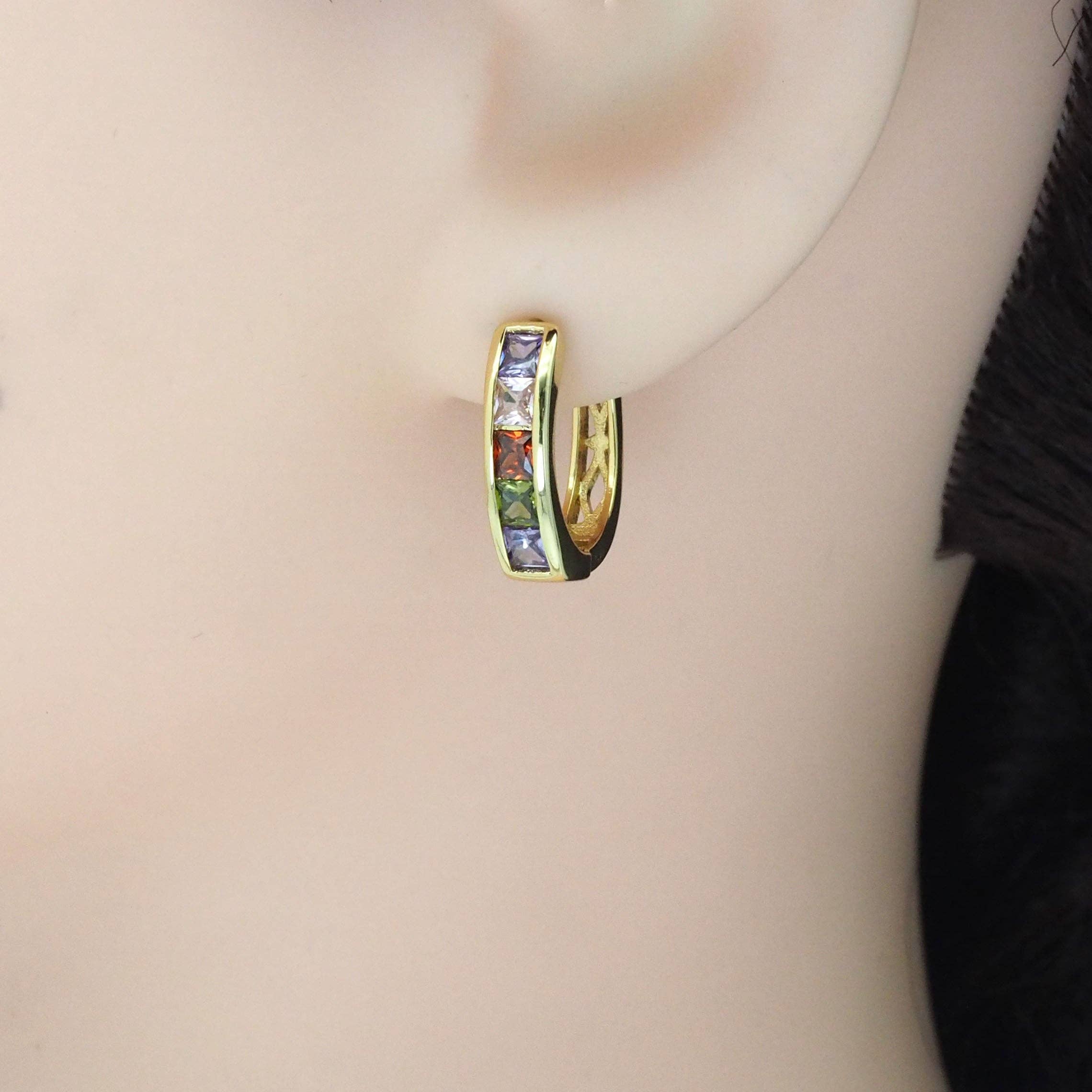 Clear Black Colorful Baguette CZ Oval Earrings, Sku#Y842