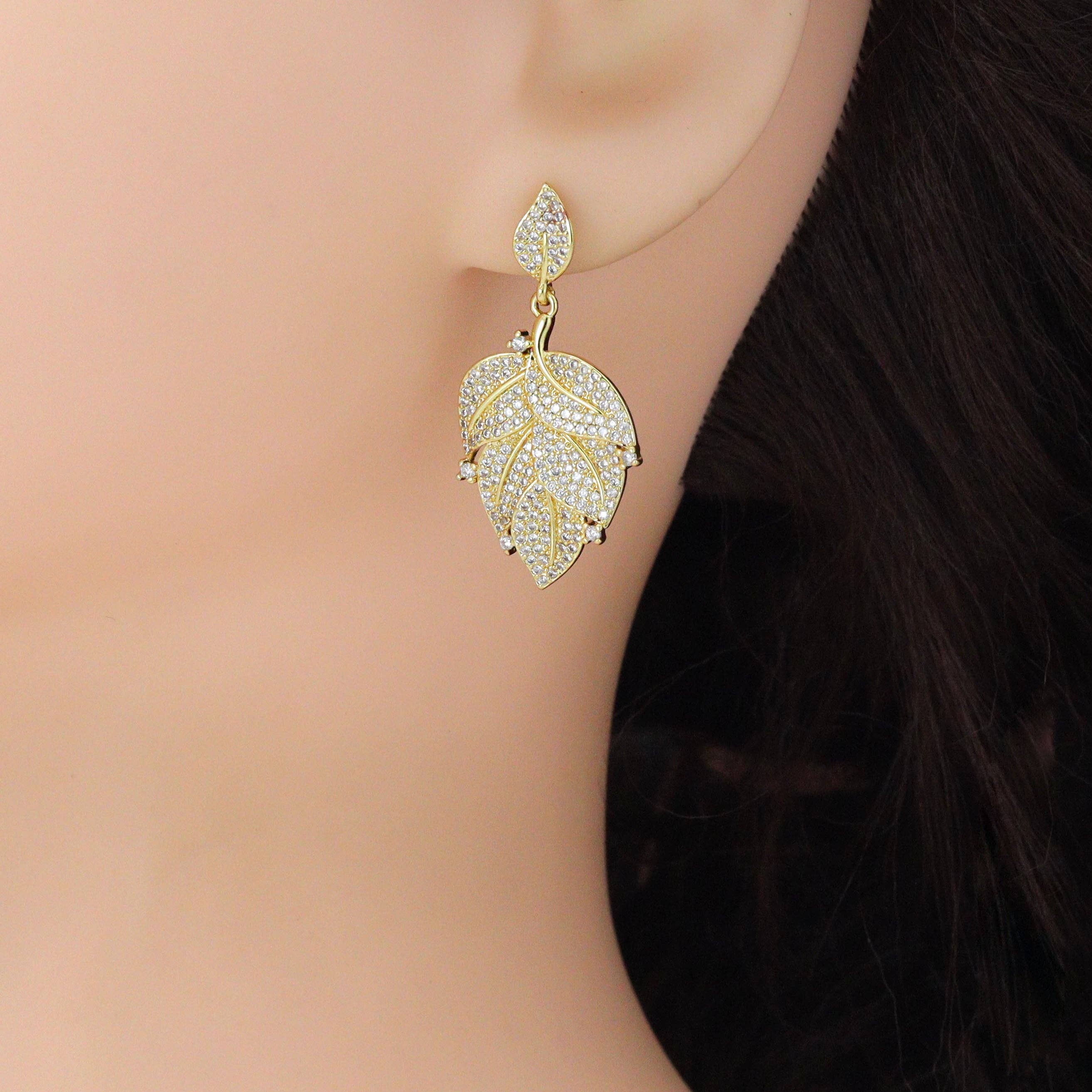Clear CZ Gold Leaf Shape Stud Earrings, Sku#LX835