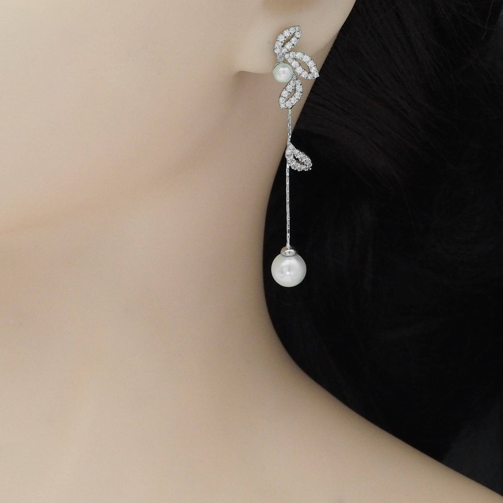 CZ Silver White Pearl Leaf Dangle Earrings, Sku#ZX158