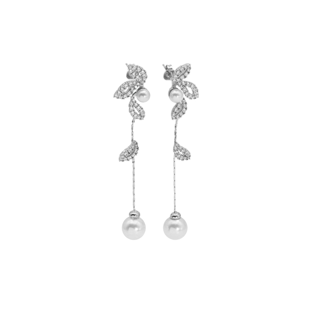 CZ Silver White Pearl Leaf Dangle Earrings, Sku#ZX158