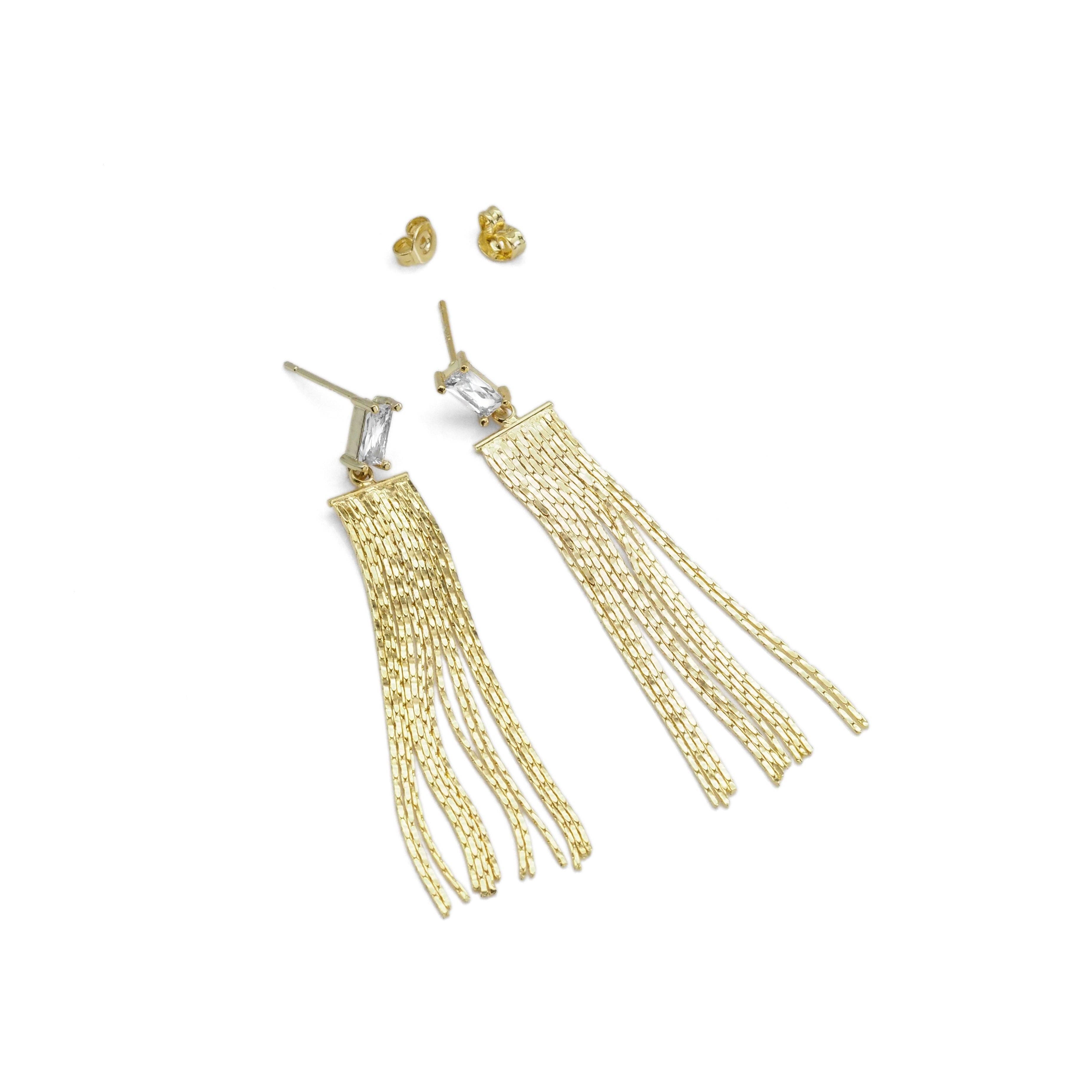 CZ Link Gold Tassel Earrings, Sku#EF472