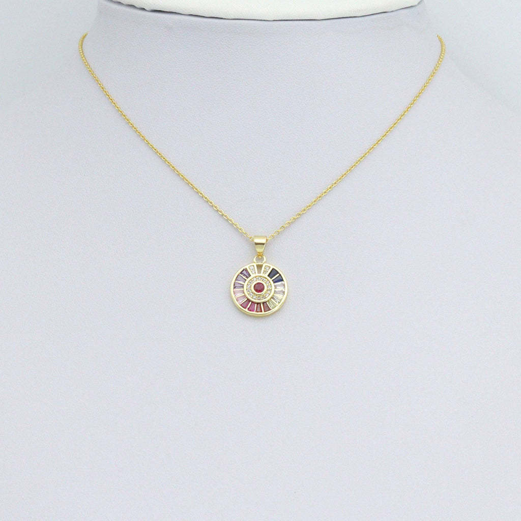 Colorful Baguette CZ Gold Round Coin Charm Pendant,Sku#LX862