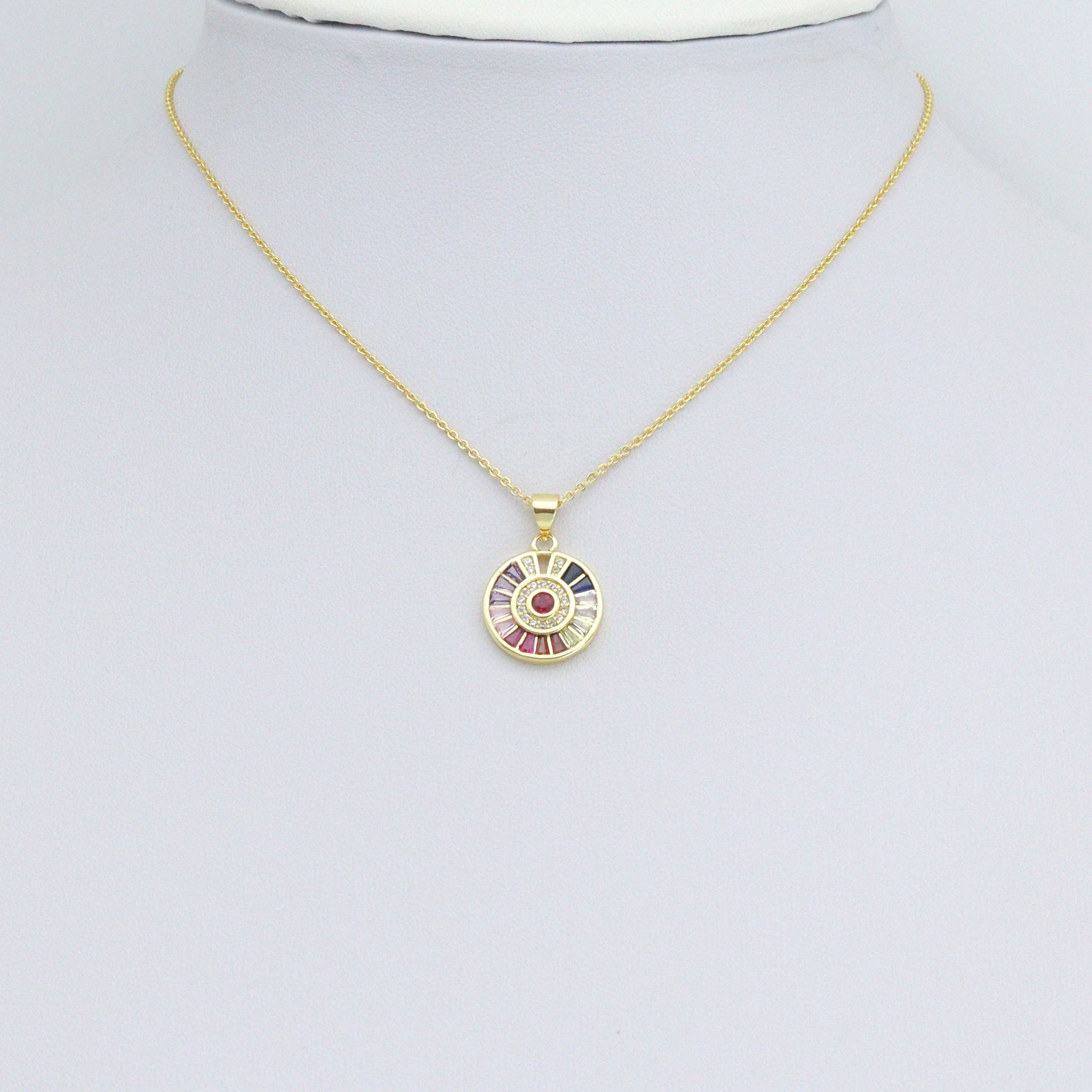 Colorful Baguette CZ Gold Round Coin Charm Pendant,Sku#LX862
