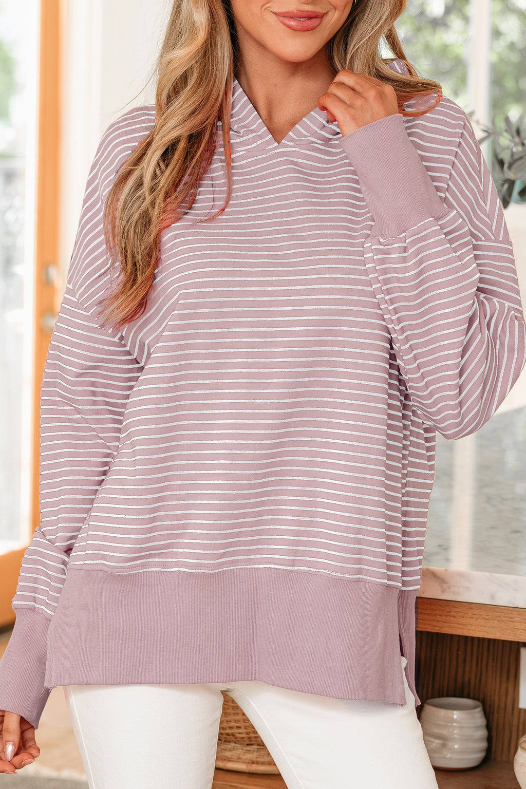 Addilyn Shoulder Loose Fit Hoodie-Threaded Pear