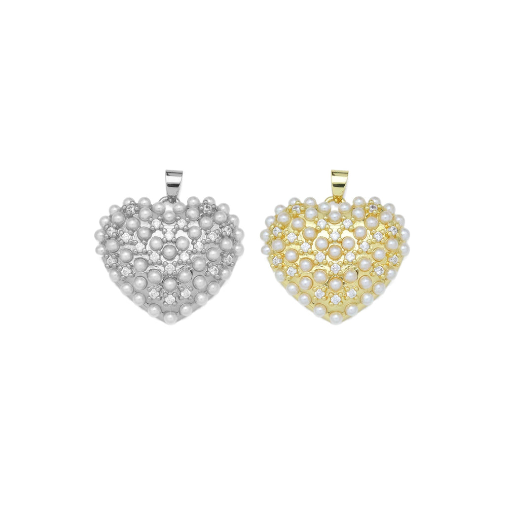 CZ Pave Gold Silver Pearl Heart Charm Pendant, Sku#LX594