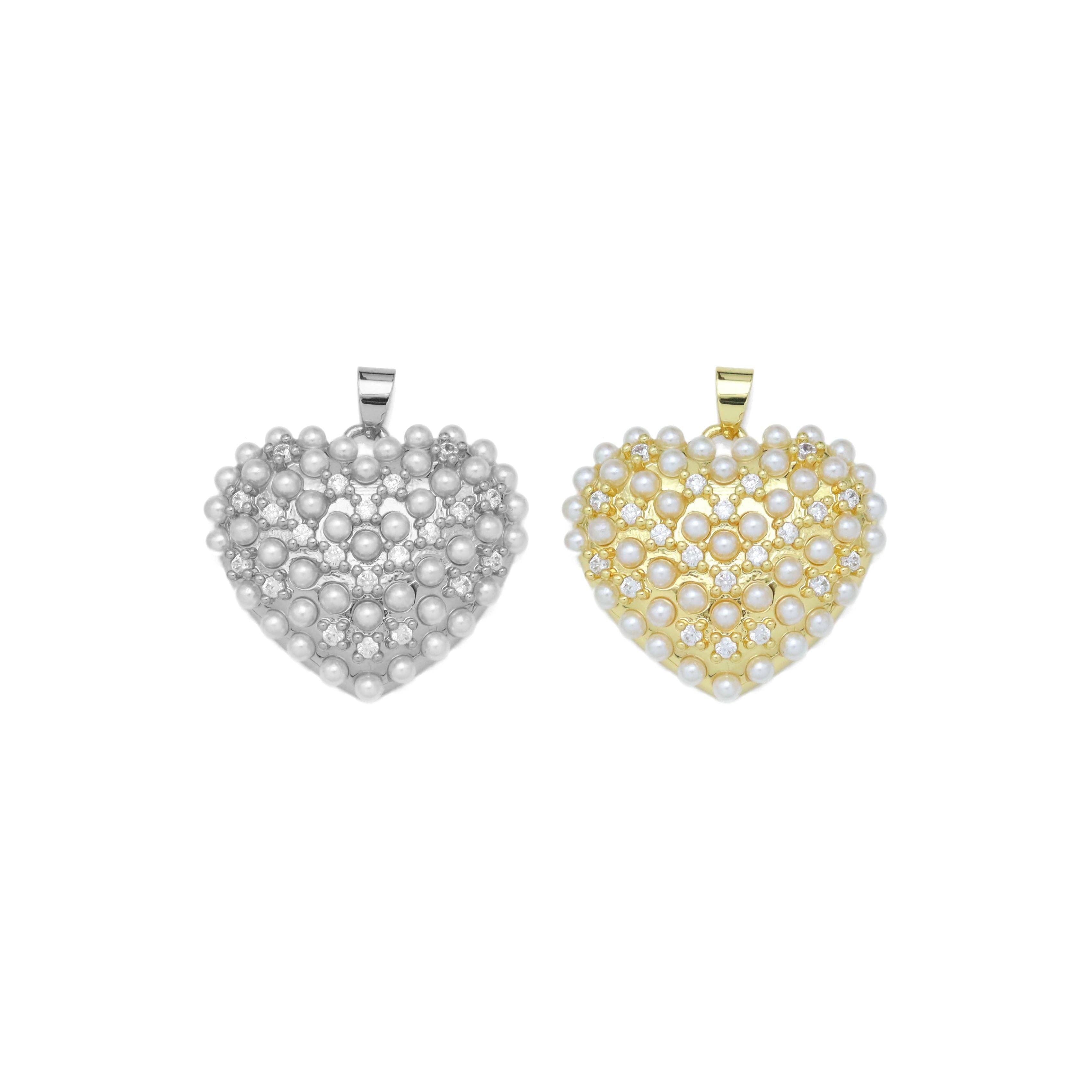 CZ Pave Gold Silver Pearl Heart Charm Pendant, Sku#LX594