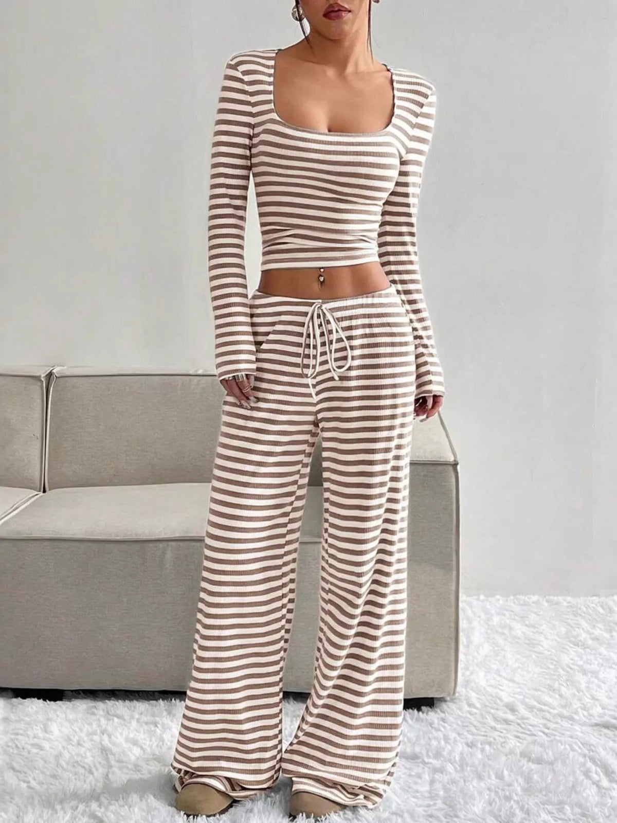Striped Long Sleeve Crop Top & Wide Leg Pants Set