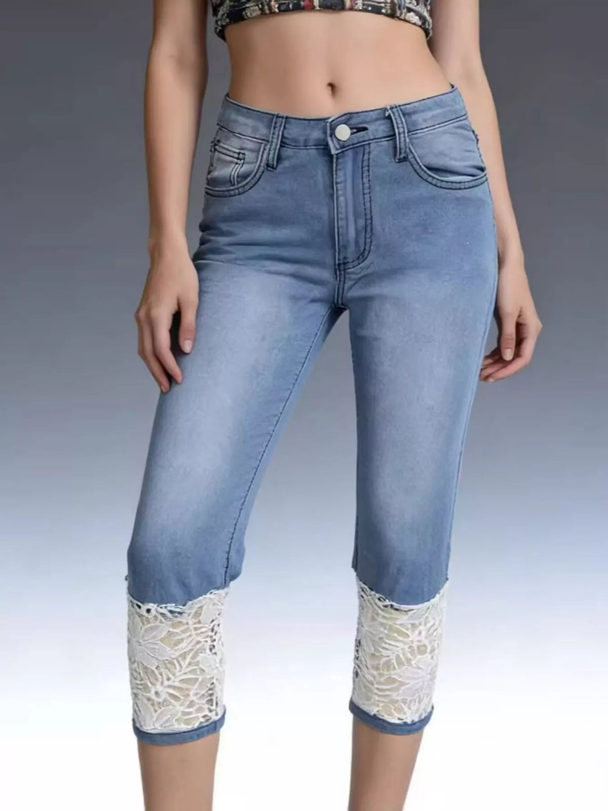 Full Size Lace Trimmed Capri Jeans Plus Size