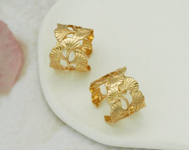 CZ Gold Ginkgo Leaf Adjustable Ring, Sku#Y757