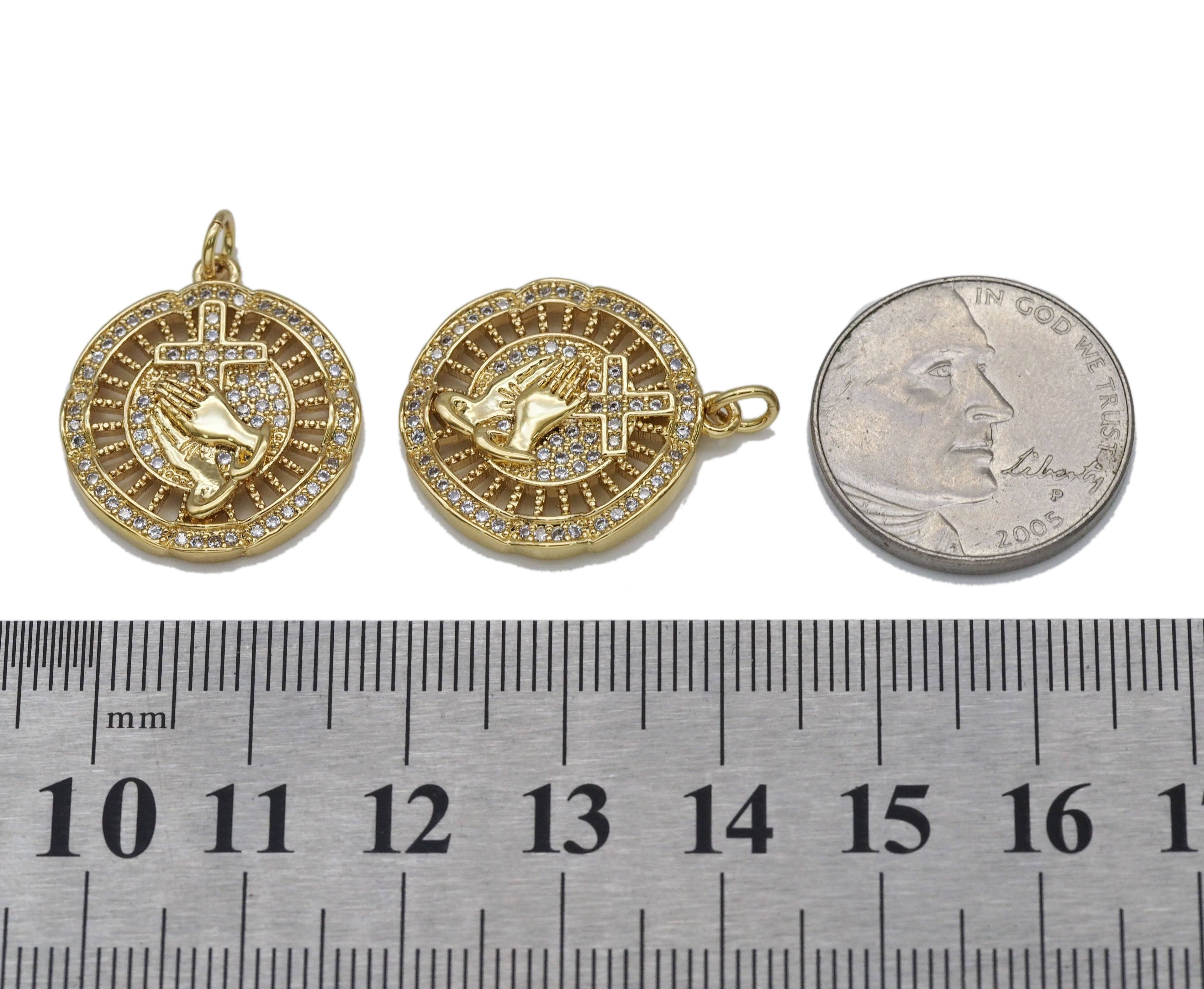 Gold CZ Prayer Hands Cross Coin Charm, Sku#LX96