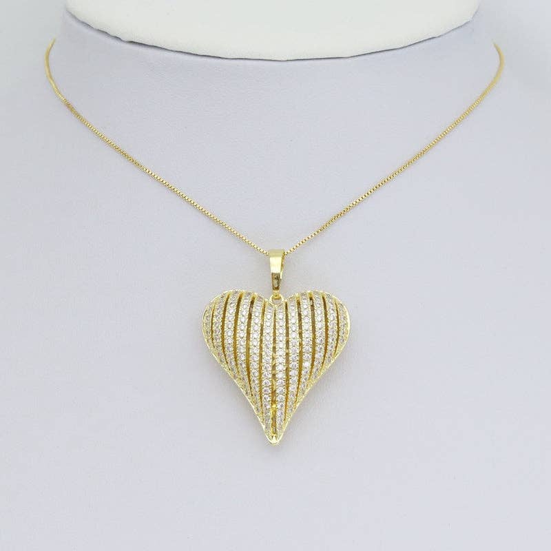 Gold Silver Clear CZ Large Puffy Heart Charm Pendant, Sku#LX