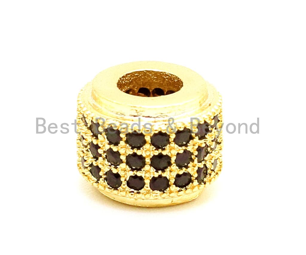 CZ Big Hole Drum Barrel Black Micro Pave Beads, Gold/Rose Gold/Silver/Black Cubic Zirconia Spacer Beads, Men's Jewelry, 9x7mm, sku#G125