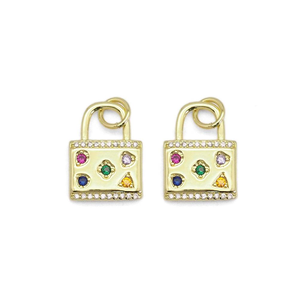 Colorful CZ Gold Lock Charm, Sku#LX365