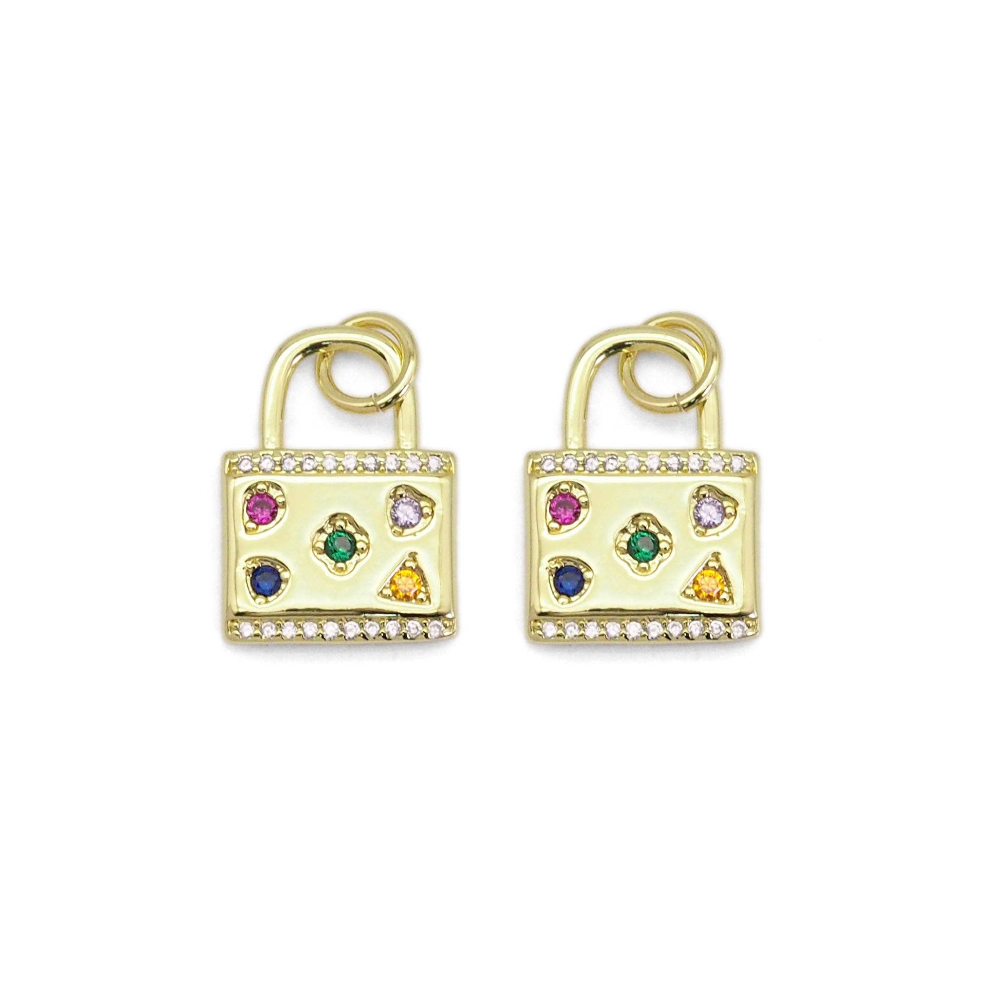 Colorful CZ Gold Lock Charm, Sku#LX365