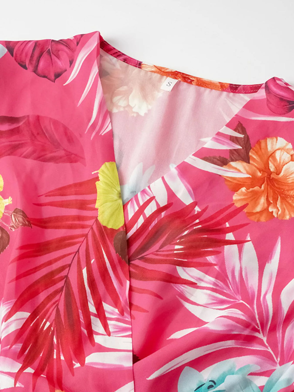 Pleated Tropical Print Belted Midi Dress
