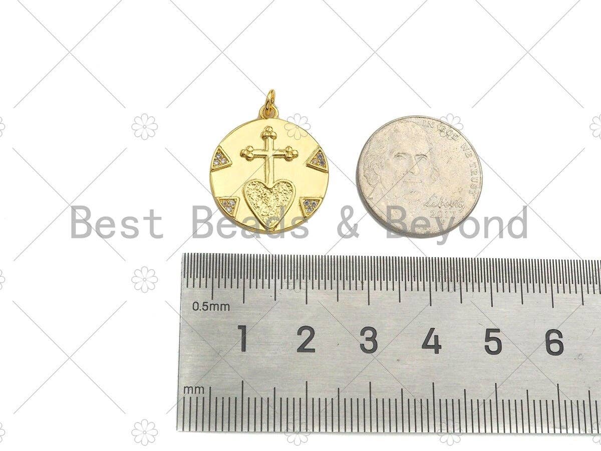 Gold Filled CZ Micro Pave Cross Heart On Round Cion Shape Pendant,18K Gold Filled Medallion Charm, Necklace Bracelet Charm,20x22mm,Sku#Z1334