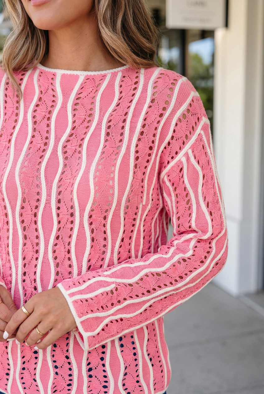 Jaida Cotton Pullover Sweater Long Sleeve Top-Threaded Pear