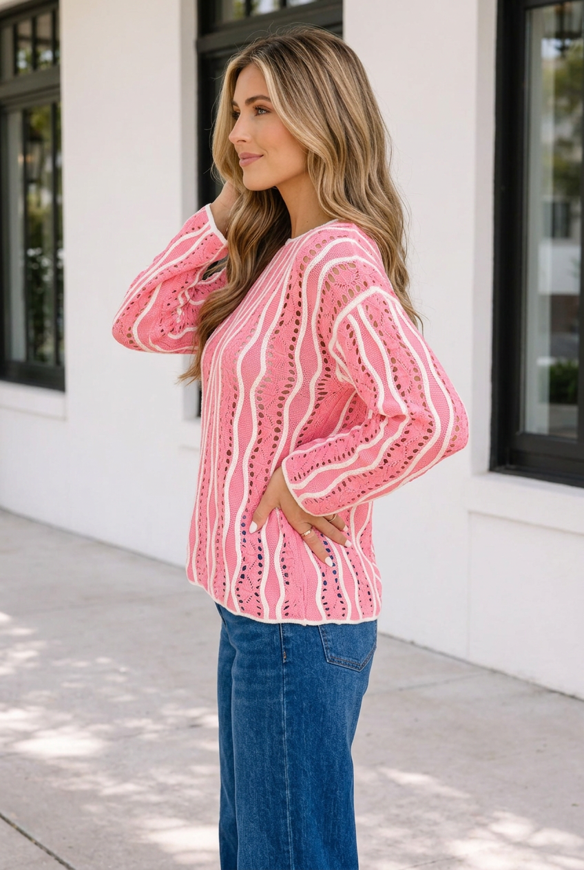 Jaida Cotton Pullover Sweater Long Sleeve Top-Threaded Pear