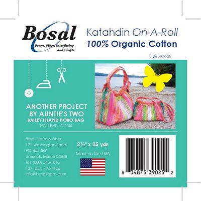 Front of a Bosal Kathadin On-A-Roll sewing pattern package for a 100% organic cotton fabric by yard. The package features the Bosal logo, product title, a photo of colorful hobo bags on a beach, sewing-themed icons, pattern number A1234, address details, and a barcode.