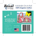 Front of a Bosal Kathadin On-A-Roll sewing pattern package for a 100% organic cotton fabric by yard. The package features the Bosal logo, product title, a photo of colorful hobo bags on a beach, sewing-themed icons, pattern number A1234, address details, and a barcode.