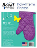 Bosal Poly-Therm Fleece oven mitt on a teal product card. The mitt is purple with a quilted pattern and a yellow butterfly applique.