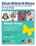 Front of a Bosal Stick-Stitch-N-Rinse fabric embroidery sheet package, showing the product name, usage text, sample stitched designs, a yellow butterfly graphic, and a barcode on a teal background.