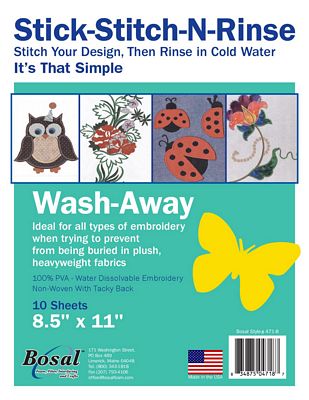 Front of a Bosal Stick-Stitch-N-Rinse fabric embroidery sheet package, showing the product name, usage text, sample stitched designs, a yellow butterfly graphic, and a barcode on a teal background.