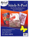 Front cover of a Bosal Stitch-N-Peel embroidery stitch sheet package, showing the product name, sample embroidered designs, and a yellow butterfly graphic on a blue and orange background.