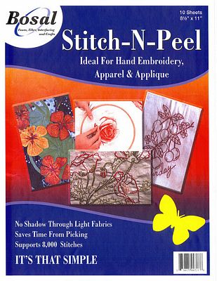 Front cover of a Bosal Stitch-N-Peel embroidery stitch sheet package, showing the product name, sample embroidered designs, and a yellow butterfly graphic on a blue and orange background.