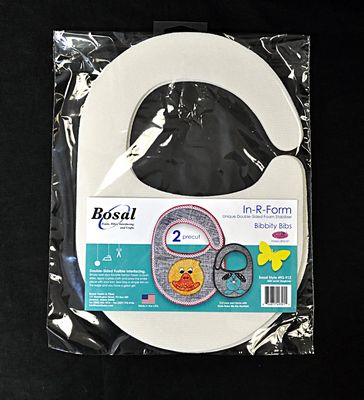 Bosal In-R-Form bibbly bibs in a clear plastic bag with a white bib-shaped insert and printed product label, photographed against a black background.