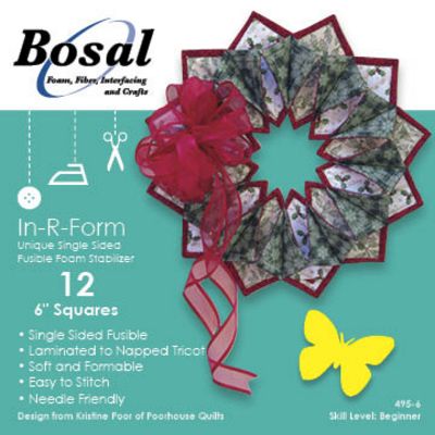 Bosal quilting kit cover featuring a 12-inch In-R-Form fusible foam stabilizer wreath made from patterned foam squares, decorated with a red mesh bow, on a teal background with product text and a yellow butterfly graphic.