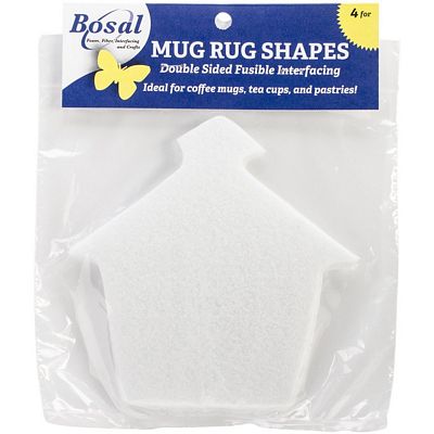 Bosal brand white foam mug rug shapes in a house shape, packaged in a clear plastic bag with a blue and white header card.
