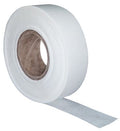 A roll of white adhesive tape with a brown cardboard core, shown with a strip unrolled against a plain white background.