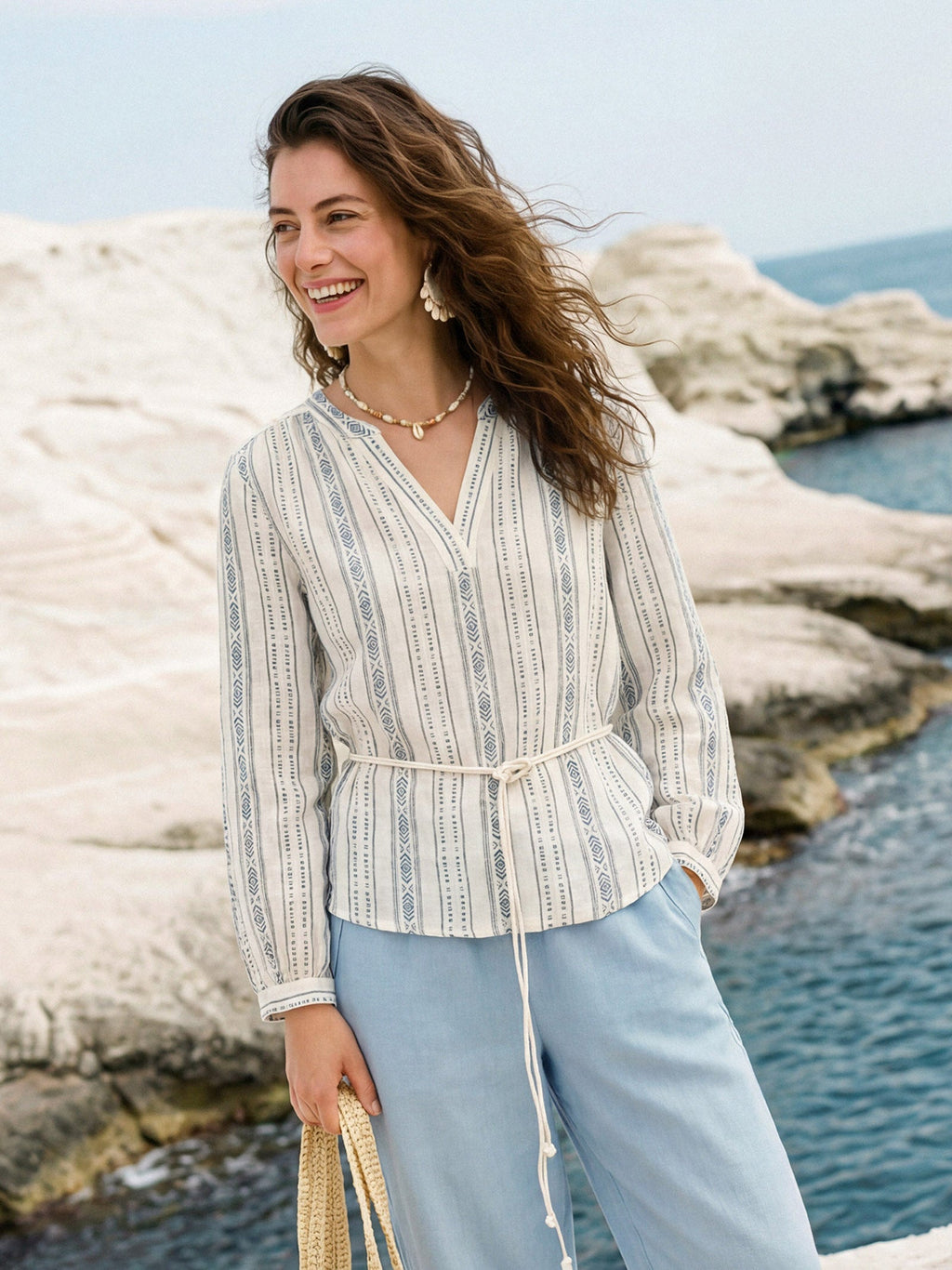 Linen Tribal Stripe Split Neck Bohemian Blouse KERENZA