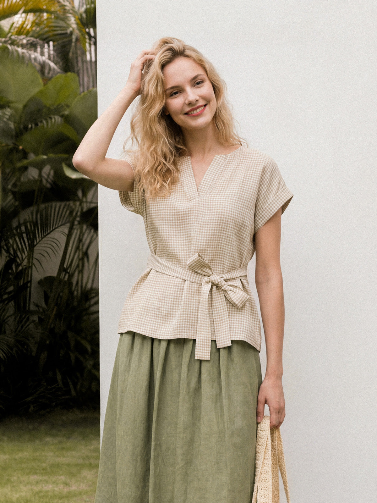 100% Linen Plaid Detachable Tie-Belt Split-Neck Top LEXIE