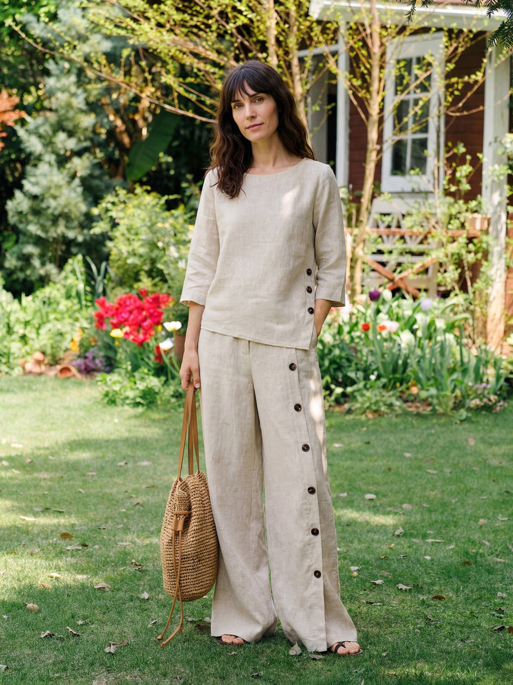 100% Linen Buttoned Slit-Hem Pants KATYA-LINTICO