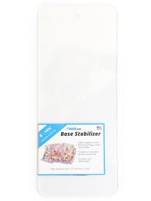 A clear plastic hanging base stabilizer with a blue and white retail label at the bottom, shown against a plain white background.