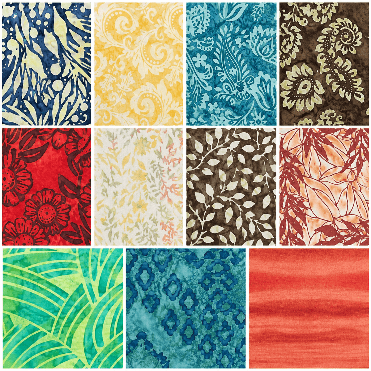 A 3x4 grid of 12 fabric or wallpaper pattern swatches showing various designs and colors including blue, yellow, teal, brown, red, green, and coral with floral, paisley, and leaf patterns.
