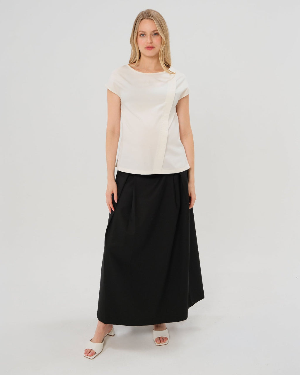Pleated Black Maternity Maxi Skirt in All-Season Wool Blend | Over/Under Bump