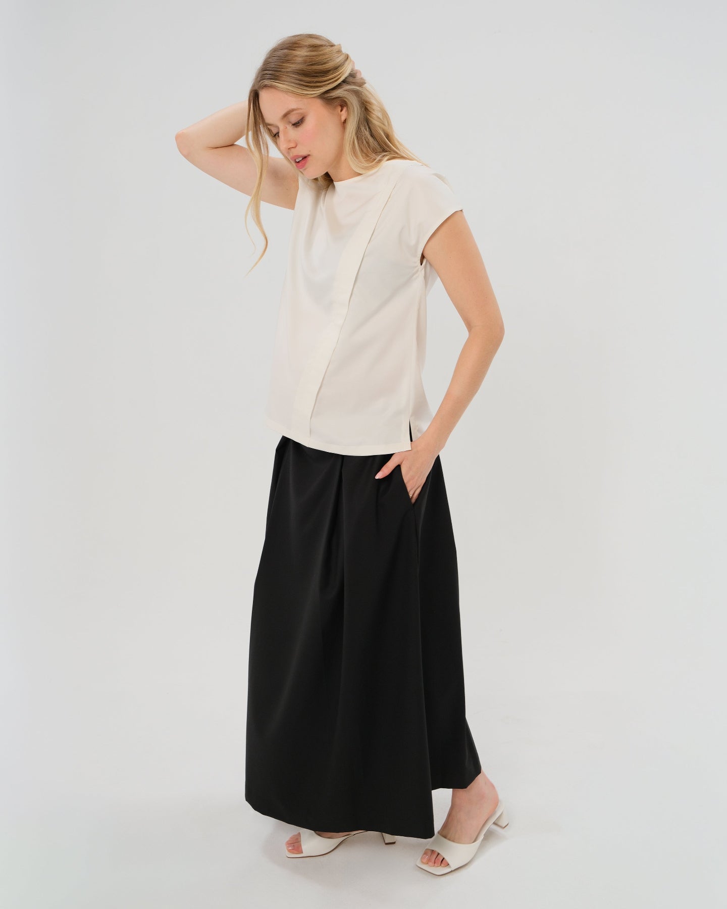 Pleated Black Maternity Maxi Skirt in All-Season Wool Blend | Over/Under Bump