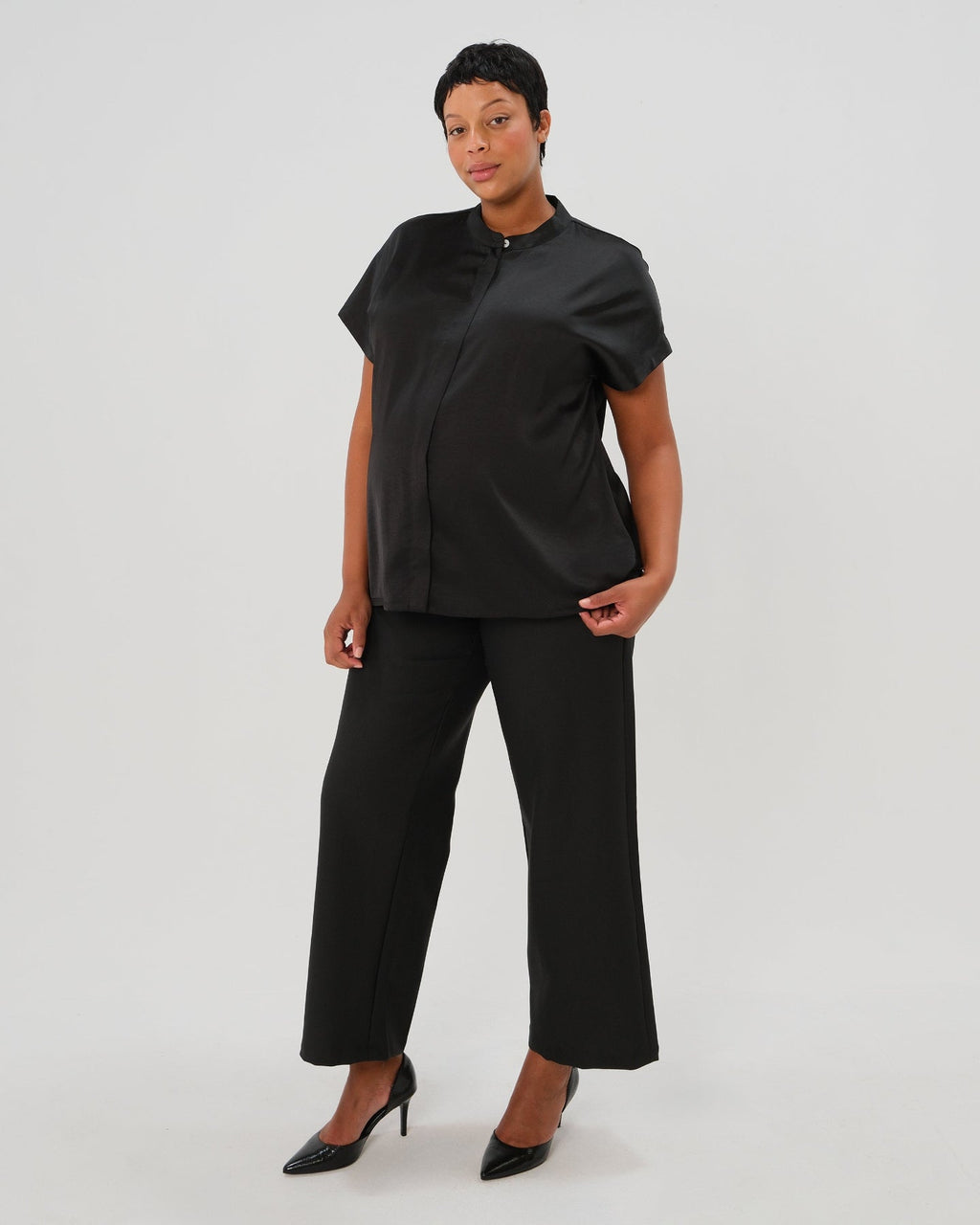 Short Sleeve Satin Maternity Shell Top with Concealed Nursing Zip